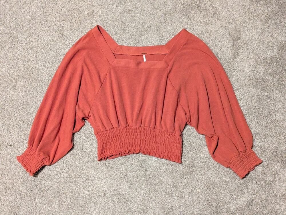 Free People Smocked Waist Orange Blouse Womens size small